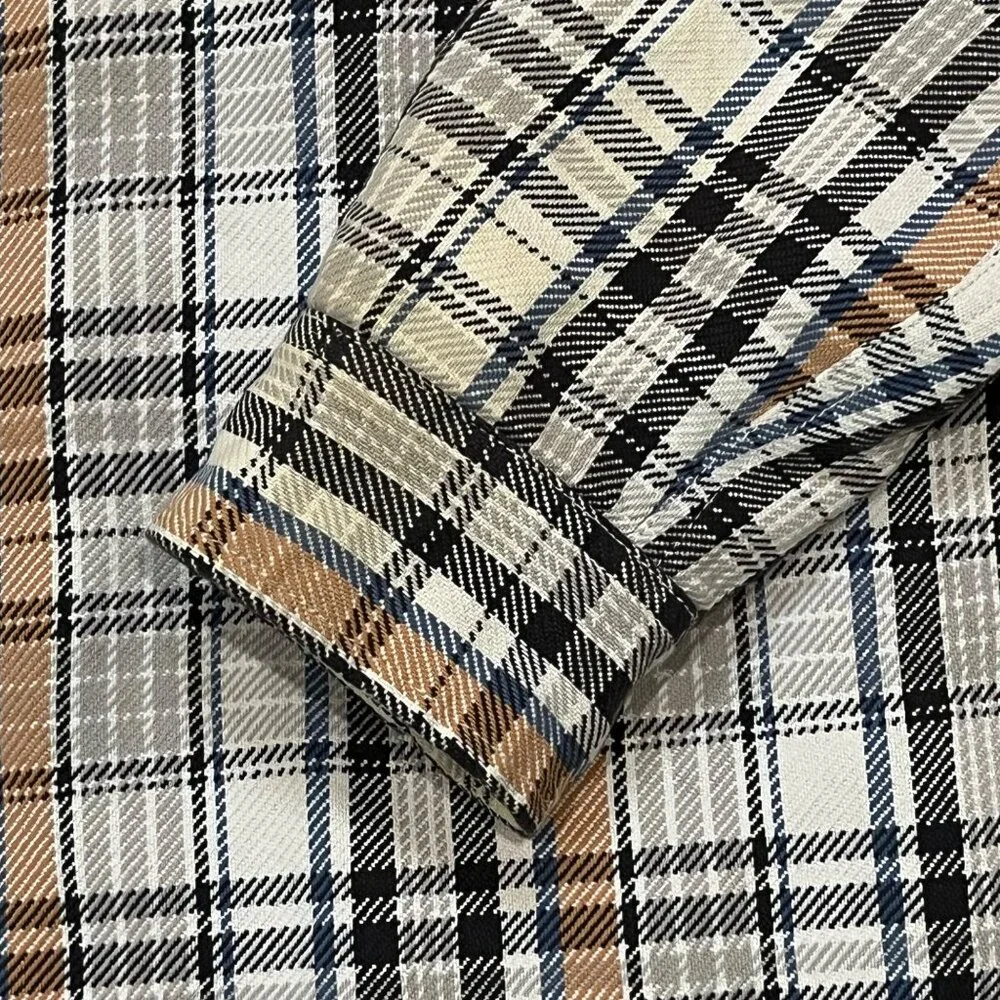 Mens J.Crew Plaid‎ Long-Sleeve Quilted Shirt Jacket Medium Cotton Blue Beige Tan